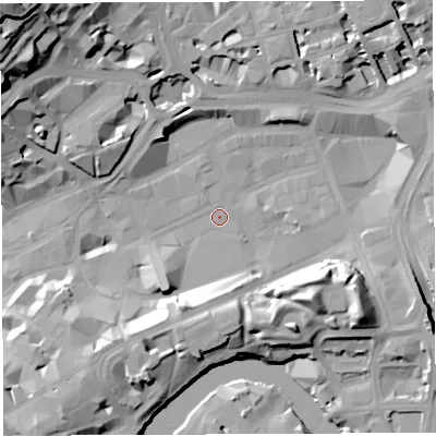 Shaded relief map of the ground around BS13EA, computed from Environment Agency LiDAR. The ground here sits at about 9 m above sea level and falls 35 m across the surrounding 800 m. Surface water reaching this point runs off ground lying to the north-north-west, 17.4 m higher.