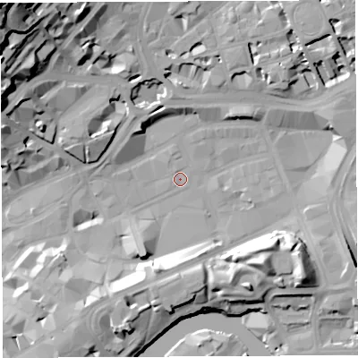 Shaded relief map of the ground around BS13ED, computed from Environment Agency LiDAR. The ground here sits at about 9 m above sea level and falls 46 m across the surrounding 800 m. Surface water reaching this point runs off ground lying to the north-west, 25.2 m higher.