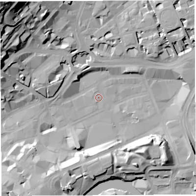 Shaded relief map of the ground around BS13EE, computed from Environment Agency LiDAR. The ground here sits at about 9 m above sea level and falls 50 m across the surrounding 800 m. Surface water reaching this point runs off ground lying to the north-west, 1.0 m higher.
