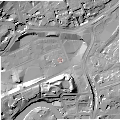 Shaded relief map of the ground around BS13EF, computed from Environment Agency LiDAR. The ground here sits at about 10 m above sea level and falls 19 m across the surrounding 800 m. Surface water reaching this point runs off ground lying to the south-west, 0.8 m higher.
