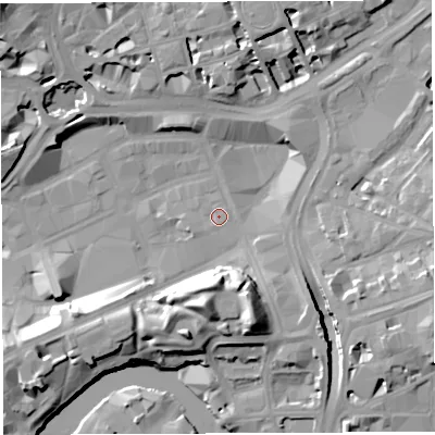 Shaded relief map of the ground around BS13EG, computed from Environment Agency LiDAR. The ground here sits at about 10 m above sea level and falls 17 m across the surrounding 800 m. The ground contributing surface water to this point lies to the south.