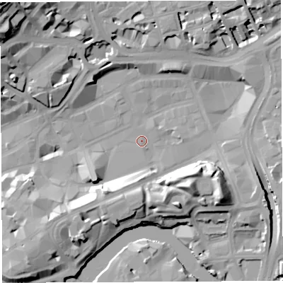 Shaded relief map of the ground around BS13EH, computed from Environment Agency LiDAR. The ground here sits at about 9 m above sea level and falls 31 m across the surrounding 800 m. Surface water reaching this point runs off ground lying to the south-east, 14.5 m higher.