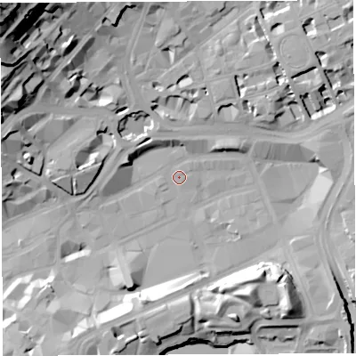 Shaded relief map of the ground around BS13EL, computed from Environment Agency LiDAR. The ground here sits at about 9 m above sea level and falls 52 m across the surrounding 800 m. Surface water reaching this point runs off ground lying to the north-east, 5.1 m higher.