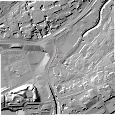 Shaded relief map of the ground around BS13EN, computed from Environment Agency LiDAR. The ground here sits at about 11 m above sea level and falls 18 m across the surrounding 800 m. Surface water reaching this point runs off ground lying to the south, 1.8 m higher.