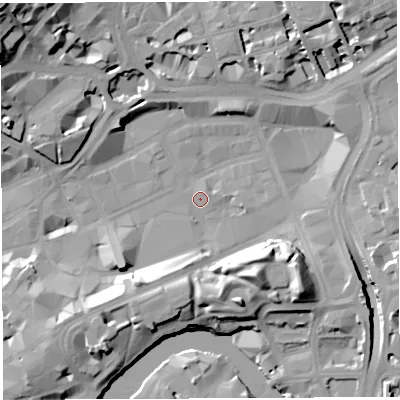 Shaded relief map of the ground around BS13EP, computed from Environment Agency LiDAR. The ground here sits at about 9 m above sea level and falls 29 m across the surrounding 800 m. Surface water reaching this point runs off ground lying to the south-east, 14.5 m higher.