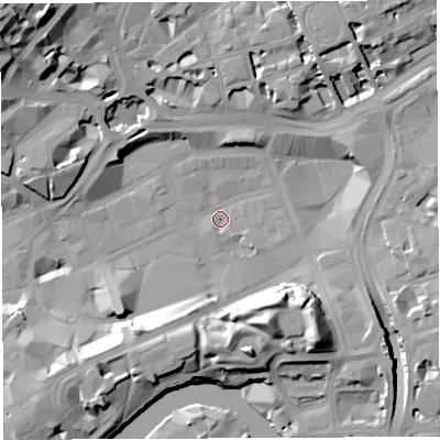 Shaded relief map of the ground around BS13EU, computed from Environment Agency LiDAR. The ground here sits at about 9 m above sea level and falls 27 m across the surrounding 800 m. Surface water reaching this point runs off ground lying to the north-west, 17.4 m higher.