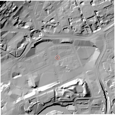 Shaded relief map of the ground around BS13HA, computed from Environment Agency LiDAR. The ground here sits at about 9 m above sea level and falls 38 m across the surrounding 800 m. Surface water reaching this point runs off ground lying to the north-west, 37.1 m higher.