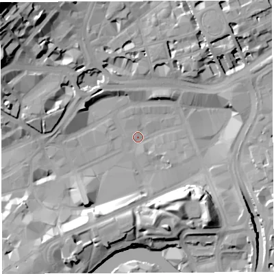 Shaded relief map of the ground around BS13HB, computed from Environment Agency LiDAR. The ground here sits at about 9 m above sea level and falls 39 m across the surrounding 800 m. Surface water reaching this point runs off ground lying to the north-west, 38.2 m higher.