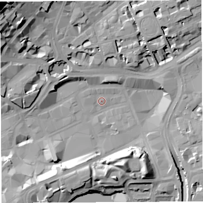 Shaded relief map of the ground around BS13HE, computed from Environment Agency LiDAR. The ground here sits at about 10 m above sea level and falls 39 m across the surrounding 800 m. Surface water reaching this point runs off ground lying to the north-west, 38.2 m higher.
