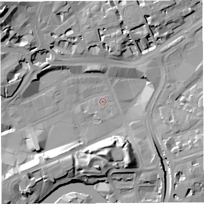 Shaded relief map of the ground around BS13HF, computed from Environment Agency LiDAR. The ground here sits at about 10 m above sea level and falls 23 m across the surrounding 800 m. Surface water reaching this point runs off ground lying to the east-south-east, 9.5 m higher.