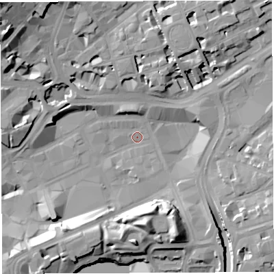 Shaded relief map of the ground around BS13HH, computed from Environment Agency LiDAR. The ground here sits at about 10 m above sea level and falls 26 m across the surrounding 800 m. Surface water reaching this point runs off ground lying to the north-west, 22.5 m higher.