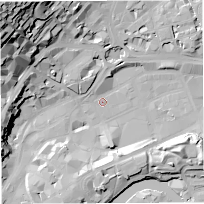 Shaded relief map of the ground around BS13HT, computed from Environment Agency LiDAR. The ground here sits at about 9 m above sea level and falls 61 m across the surrounding 800 m. Surface water reaching this point runs off ground lying to the north-north-west, 26.4 m higher.