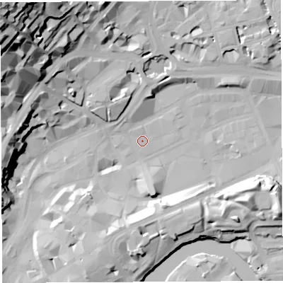 Shaded relief map of the ground around BS13HY, computed from Environment Agency LiDAR. The ground here sits at about 9 m above sea level and falls 59 m across the surrounding 800 m. Surface water reaching this point runs off ground lying to the north-north-west, 18.6 m higher.