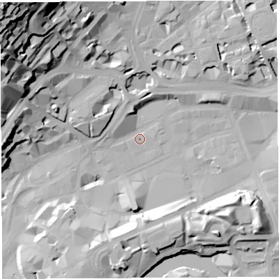 Shaded relief map of the ground around BS13HZ, computed from Environment Agency LiDAR. The ground here sits at about 9 m above sea level and falls 58 m across the surrounding 800 m. Surface water reaching this point runs off ground lying to the north-west, 57.5 m higher.