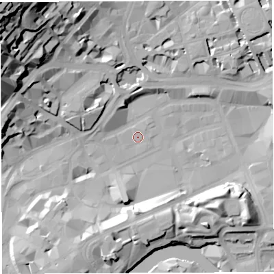 Shaded relief map of the ground around BS13JA, computed from Environment Agency LiDAR. The ground here sits at about 9 m above sea level and falls 54 m across the surrounding 800 m. Surface water reaching this point runs off ground lying to the north-west, 26.4 m higher.