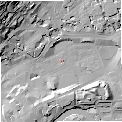 Shaded relief map of the ground around BS13JD, computed from Environment Agency LiDAR. The ground here sits at about 9 m above sea level and falls 52 m across the surrounding 800 m. Surface water reaching this point runs off ground lying to the north-west, 25.6 m higher.