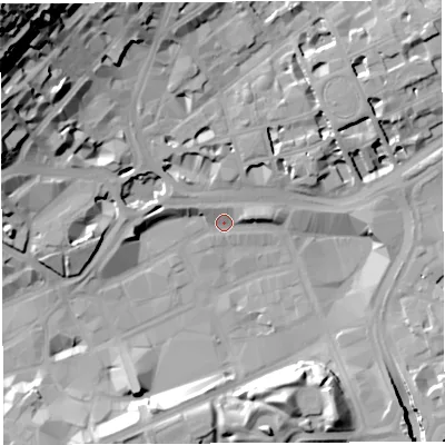 Shaded relief map of the ground around BS13JP, computed from Environment Agency LiDAR. The ground here sits at about 11 m above sea level and falls 53 m across the surrounding 800 m. Surface water reaching this point runs off ground lying to the east-north-east, 3.9 m higher.