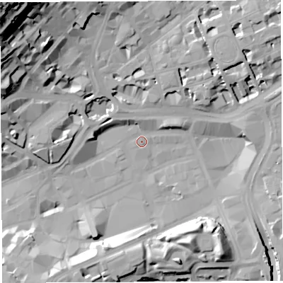 Shaded relief map of the ground around BS13JQ, computed from Environment Agency LiDAR. The ground here sits at about 10 m above sea level and falls 53 m across the surrounding 800 m. Surface water reaching this point runs off ground lying to the east-north-east, 4.3 m higher.