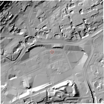 Shaded relief map of the ground around BS13JS, computed from Environment Agency LiDAR. The ground here sits at about 10 m above sea level and falls 46 m across the surrounding 800 m. Surface water reaching this point runs off ground lying to the north-east, 1.2 m higher.