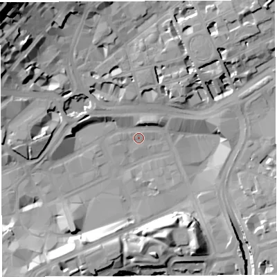 Shaded relief map of the ground around BS13JT, computed from Environment Agency LiDAR. The ground here sits at about 10 m above sea level and falls 43 m across the surrounding 800 m. Surface water reaching this point runs off ground lying to the north-north-west, 1.2 m higher.