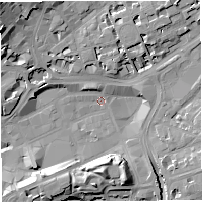 Shaded relief map of the ground around BS13JX, computed from Environment Agency LiDAR. The ground here sits at about 10 m above sea level and falls 26 m across the surrounding 800 m. Surface water reaching this point runs off ground lying to the north-west, 22.2 m higher.