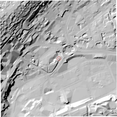 Shaded relief map of the ground around BS13LR, computed from Environment Agency LiDAR. The ground here sits at about 14 m above sea level and falls 63 m across the surrounding 800 m. Surface water reaching this point runs off ground lying to the north-north-west, 6.4 m higher.