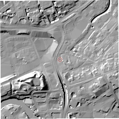 Shaded relief map of the ground around BS13PH, computed from Environment Agency LiDAR. The ground here sits at about 11 m above sea level and falls 18 m across the surrounding 800 m. Surface water reaching this point runs off ground lying to the east-south-east, 13.2 m higher.