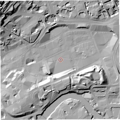 Shaded relief map of the ground around BS13XA, computed from Environment Agency LiDAR. The ground here sits at about 8 m above sea level and falls 36 m across the surrounding 800 m. Surface water reaching this point runs off ground lying to the east-south-east, 15.7 m higher.