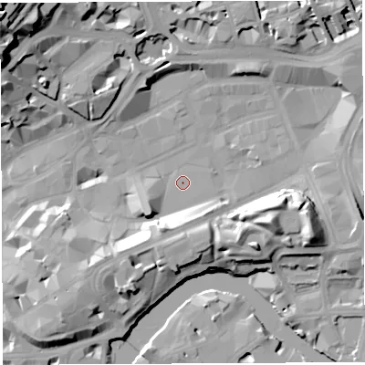 Shaded relief map of the ground around BS13XB, computed from Environment Agency LiDAR. The ground here sits at about 9 m above sea level and falls 32 m across the surrounding 800 m. Surface water reaching this point runs off ground lying to the east-south-east, 15.7 m higher.