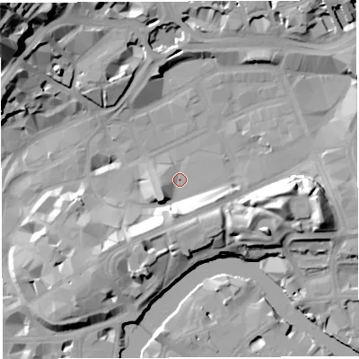 Shaded relief map of the ground around BS13XD, computed from Environment Agency LiDAR. The ground here sits at about 9 m above sea level and falls 37 m across the surrounding 800 m. Surface water reaching this point runs off ground lying to the east-south-east, 14.5 m higher.