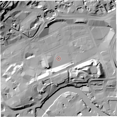 Shaded relief map of the ground around BS13XF, computed from Environment Agency LiDAR. The ground here sits at about 9 m above sea level and falls 32 m across the surrounding 800 m. Surface water reaching this point runs off ground lying to the east-south-east, 15.7 m higher.