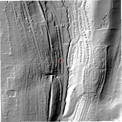 Shaded relief map of the ground around BS148AT, computed from Environment Agency LiDAR. The ground here sits at about 42 m above sea level and falls 44 m across the surrounding 800 m. Surface water reaching this point runs off ground lying to the east-south-east, 33.4 m higher.