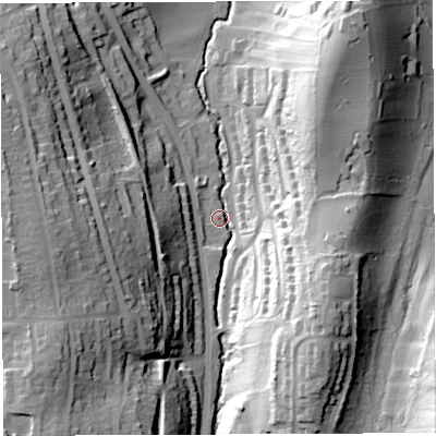 Shaded relief map of the ground around BS148BA, computed from Environment Agency LiDAR. The ground here sits at about 38 m above sea level and falls 43 m across the surrounding 800 m. Surface water reaching this point runs off ground lying to the south-east, 34.7 m higher.