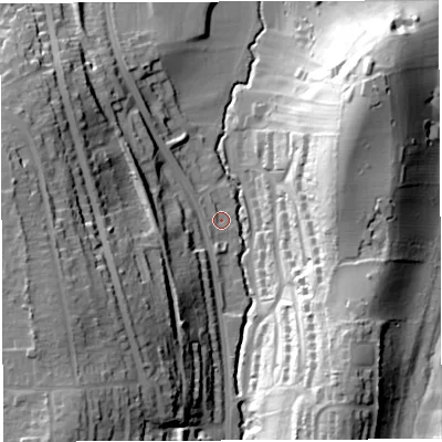 Shaded relief map of the ground around BS148BB, computed from Environment Agency LiDAR. The ground here sits at about 37 m above sea level and falls 41 m across the surrounding 800 m. Surface water reaching this point runs off ground lying to the west-south-west, 31.7 m higher.