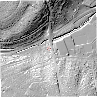 Shaded relief map of the ground around BS149AJ, computed from Environment Agency LiDAR. The ground here sits at about 35 m above sea level and falls 39 m across the surrounding 800 m. Surface water reaching this point runs off ground lying to the south-south-east, 30.4 m higher.