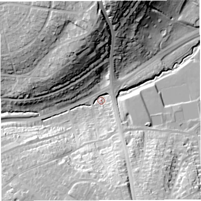 Shaded relief map of the ground around BS149BJ, computed from Environment Agency LiDAR. The ground here sits at about 32 m above sea level and falls 42 m across the surrounding 800 m. Surface water reaching this point runs off ground lying to the south-south-east, 32.1 m higher.