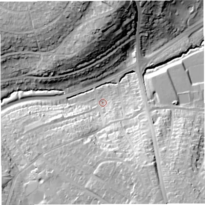 Shaded relief map of the ground around BS149DN, computed from Environment Agency LiDAR. The ground here sits at about 34 m above sea level and falls 38 m across the surrounding 800 m. Surface water reaching this point runs off ground lying to the south-south-east, 32.8 m higher.