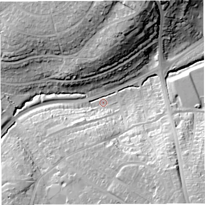 Shaded relief map of the ground around BS149DR, computed from Environment Agency LiDAR. The ground here sits at about 34 m above sea level and falls 37 m across the surrounding 800 m. Surface water reaching this point runs off ground lying to the south-east, 33.7 m higher.