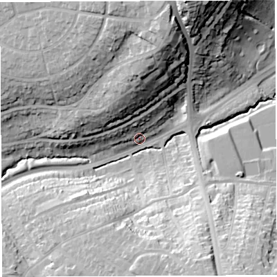 Shaded relief map of the ground around BS149TA, computed from Environment Agency LiDAR. The ground here sits at about 35 m above sea level and falls 43 m across the surrounding 800 m. Surface water reaching this point runs off ground lying to the north-north-east, 36.1 m higher.