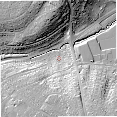 Shaded relief map of the ground around BS149TB, computed from Environment Agency LiDAR. The ground here sits at about 34 m above sea level and falls 38 m across the surrounding 800 m. Surface water reaching this point runs off ground lying to the south-south-east, 31.8 m higher.