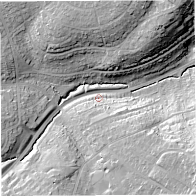 Shaded relief map of the ground around BS149TD, computed from Environment Agency LiDAR. The ground here sits at about 40 m above sea level and falls 33 m across the surrounding 800 m. Surface water reaching this point runs off ground lying to the south-east, 25.1 m higher.