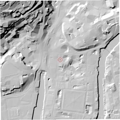 Shaded relief map of the ground around BS14AA, computed from Environment Agency LiDAR. The ground here sits at about 9 m above sea level and falls 61 m across the surrounding 800 m. Surface water reaching this point runs off ground lying to the west-north-west, 37.4 m higher.