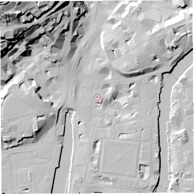 Shaded relief map of the ground around BS14AQ, computed from Environment Agency LiDAR. The ground here sits at about 9 m above sea level and falls 59 m across the surrounding 800 m. Surface water reaching this point runs off ground lying to the north-west, 37.4 m higher.