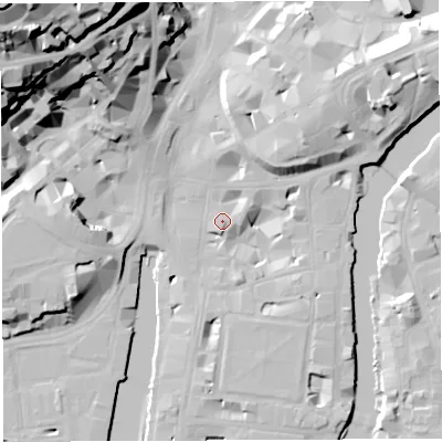 Shaded relief map of the ground around BS14AR, computed from Environment Agency LiDAR. The ground here sits at about 9 m above sea level and falls 58 m across the surrounding 800 m. Surface water reaching this point runs off ground lying to the north-west, 39.9 m higher.
