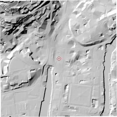 Shaded relief map of the ground around BS14AU, computed from Environment Agency LiDAR. The ground here sits at about 9 m above sea level and falls 59 m across the surrounding 800 m. Surface water reaching this point runs off ground lying to the south-west, 0.9 m higher.