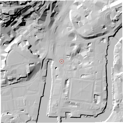 Shaded relief map of the ground around BS14AW, computed from Environment Agency LiDAR. The ground here sits at about 9 m above sea level and falls 48 m across the surrounding 800 m. Surface water reaching this point runs off ground lying to the north-west, 37.5 m higher.