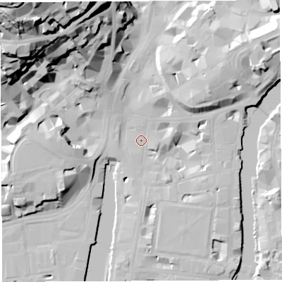 Shaded relief map of the ground around BS14AX, computed from Environment Agency LiDAR. The ground here sits at about 9 m above sea level and falls 60 m across the surrounding 800 m. Surface water reaching this point runs off ground lying to the north-west, 37.5 m higher.