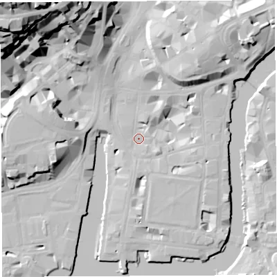 Shaded relief map of the ground around BS14AY, computed from Environment Agency LiDAR. The ground here sits at about 9 m above sea level and falls 47 m across the surrounding 800 m. Surface water reaching this point runs off ground lying to the north-west, 37.5 m higher.