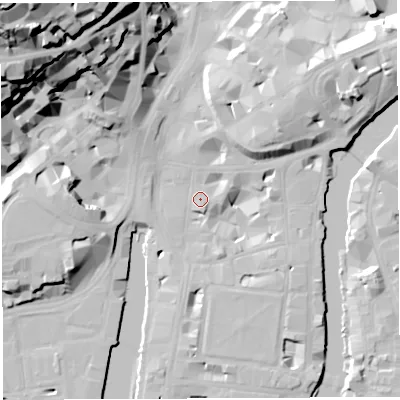 Shaded relief map of the ground around BS14AZ, computed from Environment Agency LiDAR. The ground here sits at about 9 m above sea level and falls 59 m across the surrounding 800 m. Surface water reaching this point runs off ground lying to the north-west, 37.4 m higher.