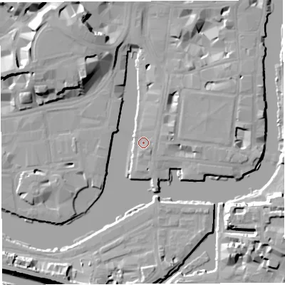 Shaded relief map of the ground around BS14BB, computed from Environment Agency LiDAR. The ground here sits at about 9 m above sea level and falls 19 m across the surrounding 800 m. Surface water reaching this point runs off ground lying to the south-south-east, 1.5 m higher.